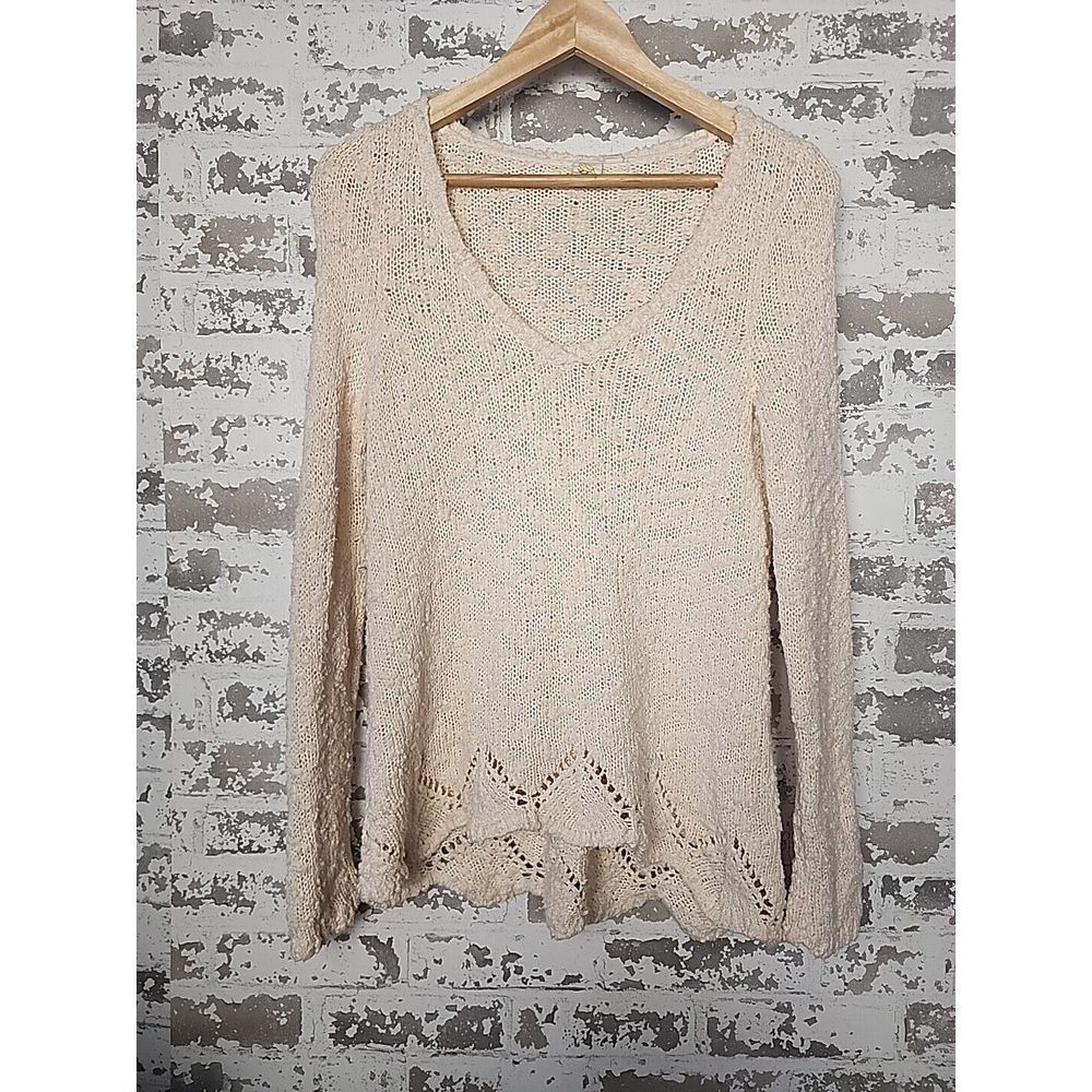 Anthropologie Yellow Bird Sweater Size Small Cream Pointelle V Neck‎